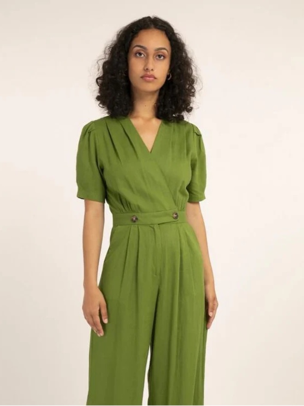 FRNCH Olive Green Button-Waist Wide-Leg Jumpsuit